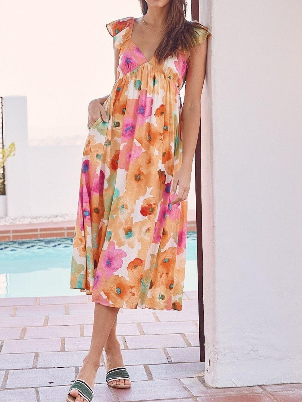 In February Multi Color Floral V-Neckline Short Sleeve Dress